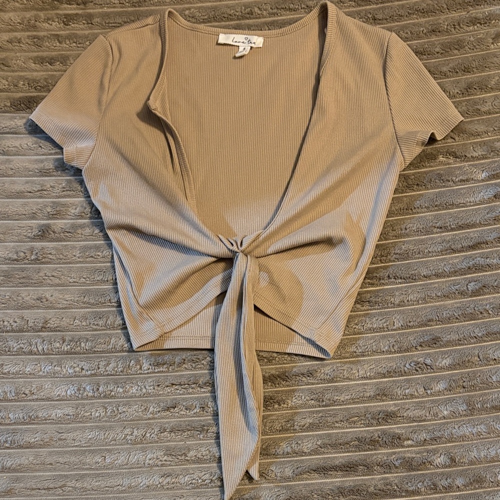 Love Tree Taupe Tie-Front Crop Top